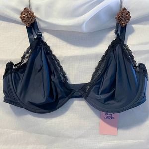 Calvin Klein Slate Blue Unlined Demi Black Lace Trim Bra - 36D